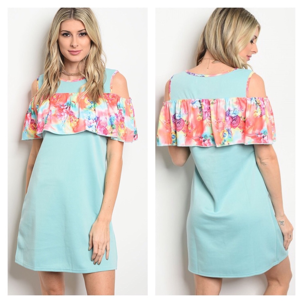 Mint Cold Shoulder Floral Print Dress